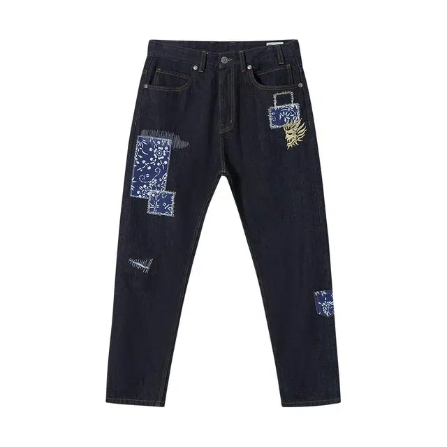 鬼洗 非遗蓝染花布补丁红布边男式标准休闲中腰牛仔裤 男款