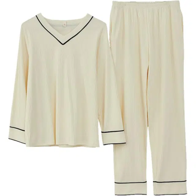 浮光岛屿 简约纯色条纹高级感长袖长裤家居服舒适亲肤透气可外穿宽松休闲睡衣套装 女款 礼盒装 杏色