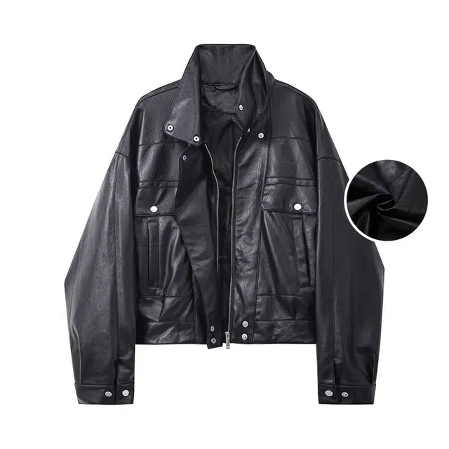 木林森 美式复古高街潮流简约短款拼接时尚设计款品牌外套宽松休闲百搭痞帅风夹克皮衣 男女同款