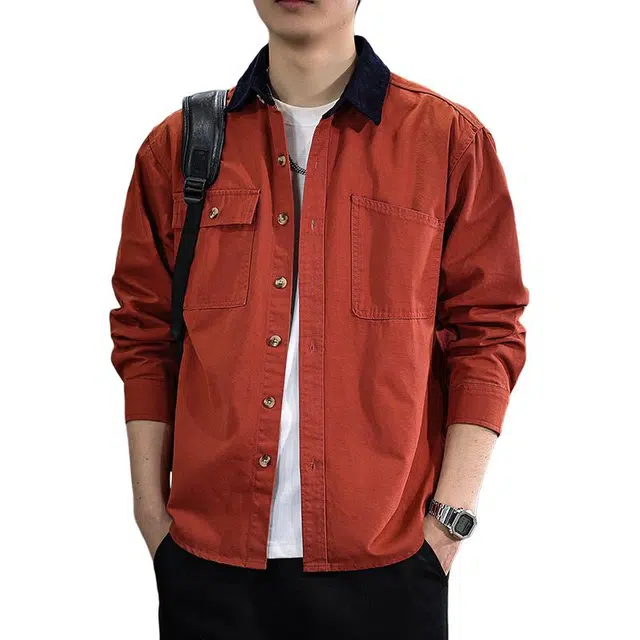 遨宇 高级长袖宽松大码撞色翻领外套潮牌衬衫 男女同款