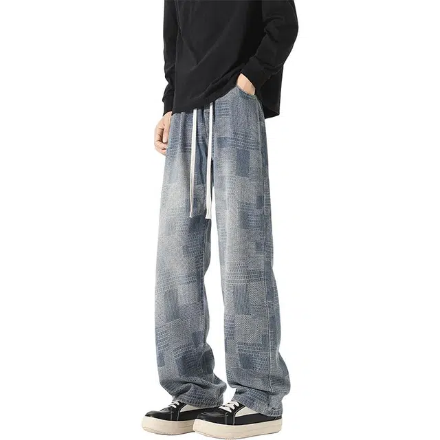 单爵 复古风微喇裤男春秋季美式高街棋盘格直筒长裤男痞帅宽松牛仔裤 男女同款