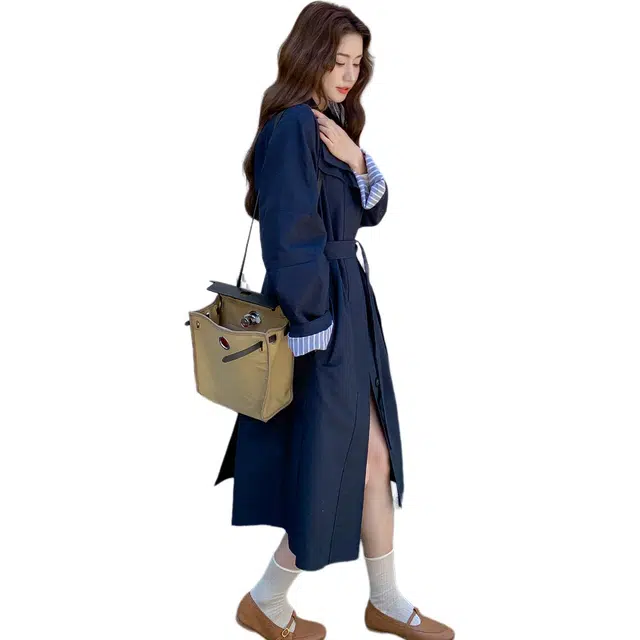 稻草人 翻袖条纹拼接撞色时尚休闲腰带收腰风衣外套 女款