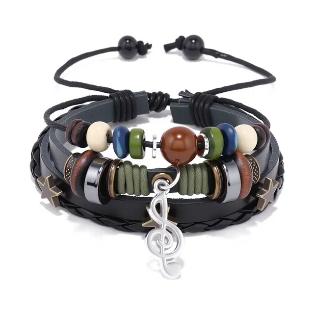 嫒柯 复古音符聆听花开新中式民族风音符手饰国风辣妹潮流配戴炸街创意趣味时尚百搭平安喜乐 柴木 木作手绳 男女同款情侣款