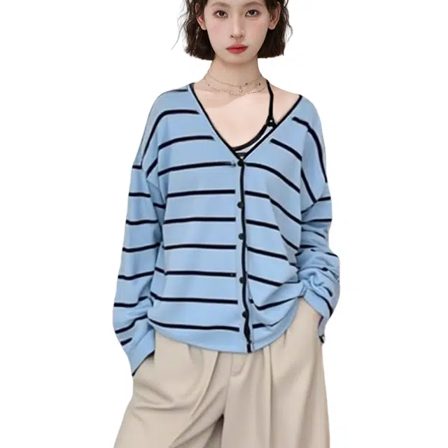 柏黛妃 条纹长袖打底吊带外搭外套上衣针织衫 女款