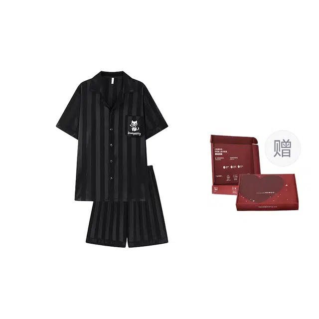 静英鸾 夏季男简约休闲风短袖条纹卡通小猫图案家居服睡衣礼盒 男款