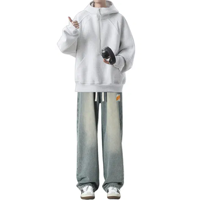 北欧攻略 秋冬美式加绒温暖舒适解构拼接设计连帽立领卫衣松紧腰直筒牛仔裤免搭一套懒人时髦青少年休闲运动套装 男女同款
