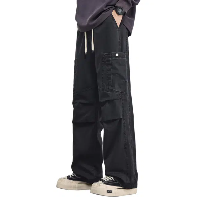 瑞梵帝斯 秋季阔腿裤男生宽松直筒长裤美式潮牌高街风抽绳松紧腰多口袋简约基础款设计青少年潮流帅气时尚百搭户外工装裤 男款