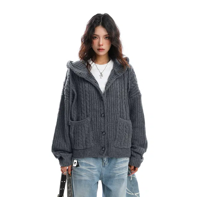 美式复古慵懒风秋冬宽松针织连帽开衫外套毛衣 男女同款