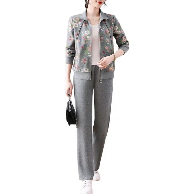 缪斯的诱惑 时尚潮流高街复古风满印植物花卉拉链开衫外套立领卫衣垂感阔腿裤两件套高质感优雅气质洋气减龄花色棉质舒适运动风休闲套装 女款