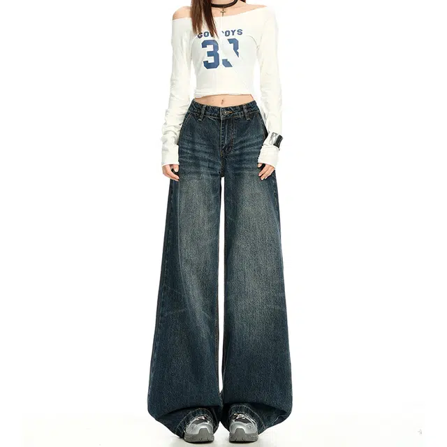 如续 复古水洗阔腿宽松高腰显瘦直筒裤拖地牛仔裤 女款