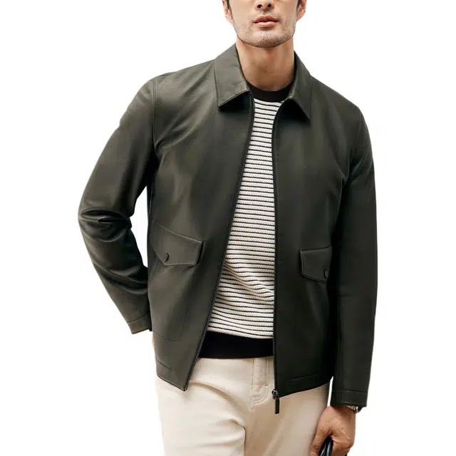 丹宁哲学 土耳其荔枝纹皮翻领外套纯色直筒型皮衣 男款