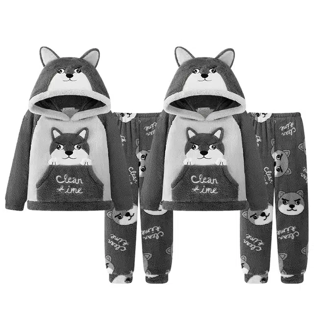 俏韵 连帽卡通冬季加绒保暖长袖长裤甜美印花可爱舒适家居服可外穿睡衣套装 男女同款