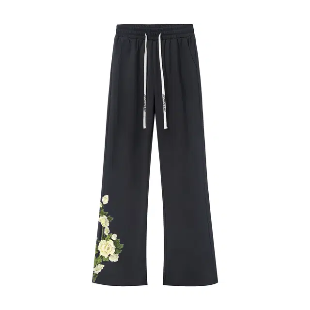 【万针刺绣立体花卉浮雕】布客行 微喇显高显瘦卫裤美式高街简约文艺风弹力松紧腰抽绳长裤直筒阔腿弯刀垂感百搭针织运动休闲裤 男女同款