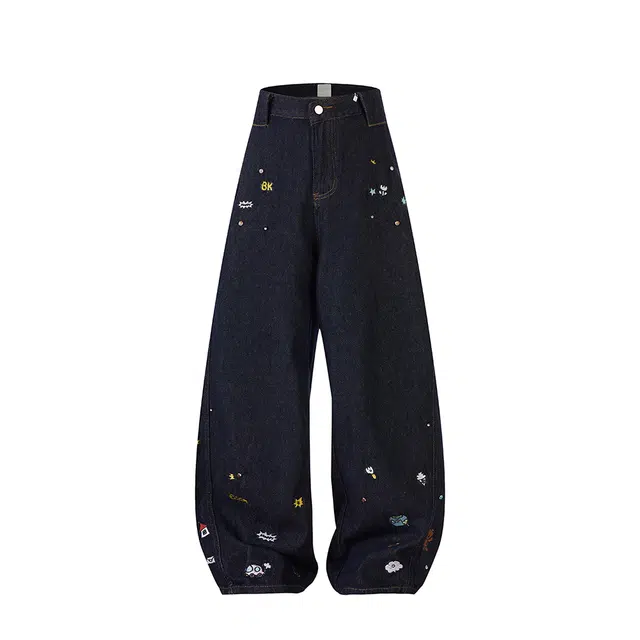 佐菲利 美式复古设计感刺绣卡通弯刀宽松情侣水洗阔腿休闲裤潮牛仔裤 男女同款