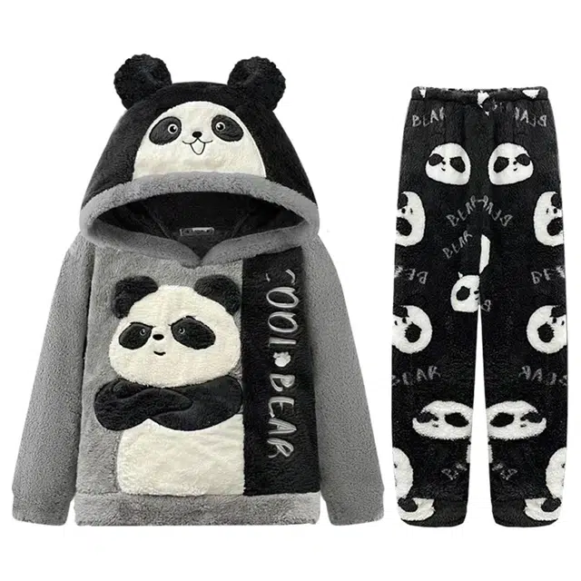 俏韵 连帽卡通熊猫冬季加绒保暖长袖长裤甜美印花可爱舒适家居服可外穿睡衣套装 男女同款