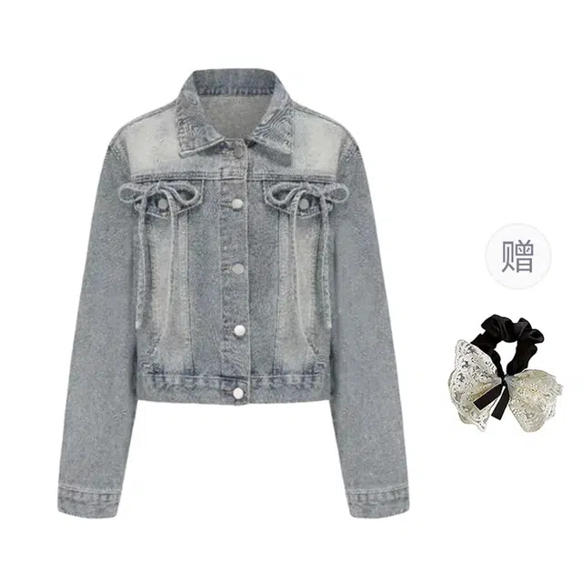 涂诗菲 韩版复古小众休闲时尚百搭宽松慵懒风高级设计感翻领长袖牛仔外套 女款