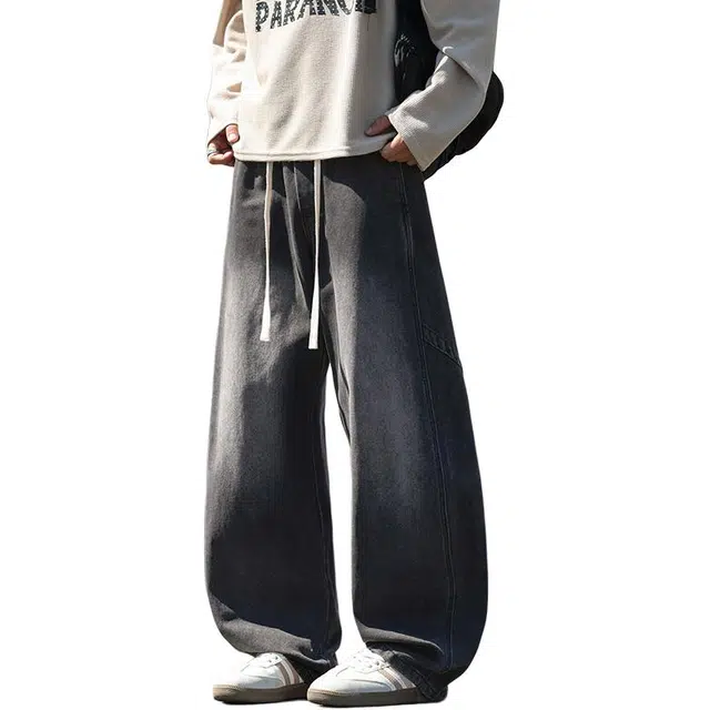 太子龍 阔腿弯刀潮牌宽松水洗休闲牛仔裤 男款