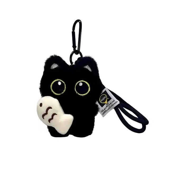 丹琴 摸鱼大眼黑猫 可爱治愈玩偶恶魔翅膀公仔书包背包挂饰创意 毛绒 挂件 男女同款情侣款