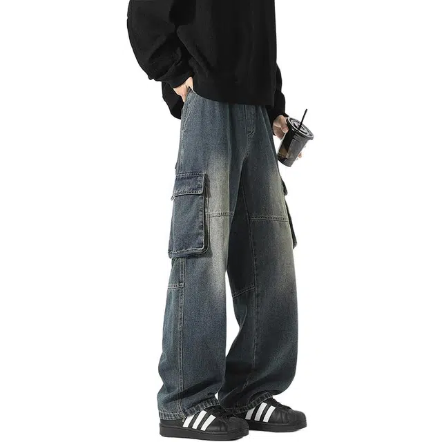 单爵 复古蓝美式工装裤男水洗做旧阔腿裤牛仔裤 男女同款