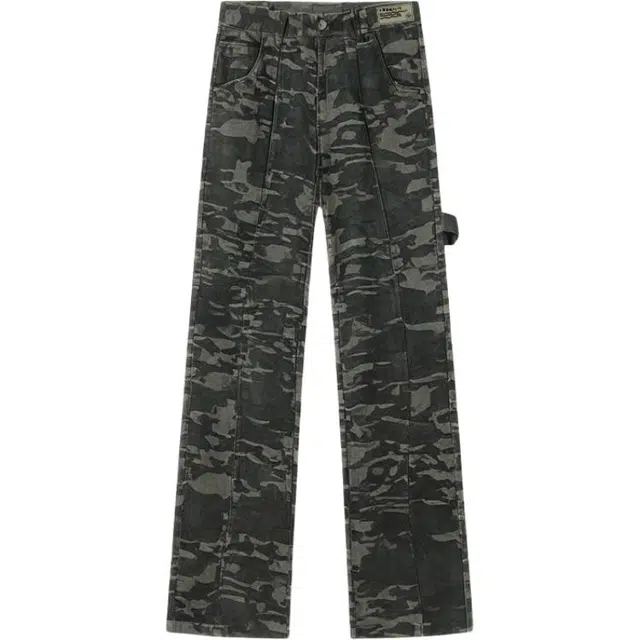 迷彩工装伐木裤 下层基础 美式复古高街痞帅斜切休闲运动时尚百搭直筒宽松显高显瘦牛仔裤 男女同款