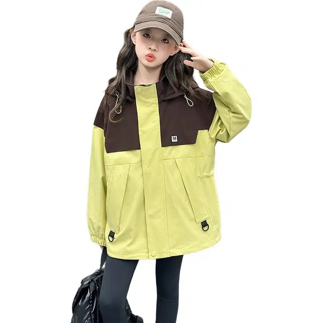 蓝彩何上装 女童连帽外套春秋款中大童洋气拼色冲锋衣女孩秋季超好看风衣潮