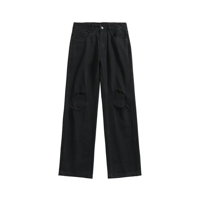 海尔斯 阔腿长裤潮流复古美式微喇破洞宽松牛仔裤 男款
