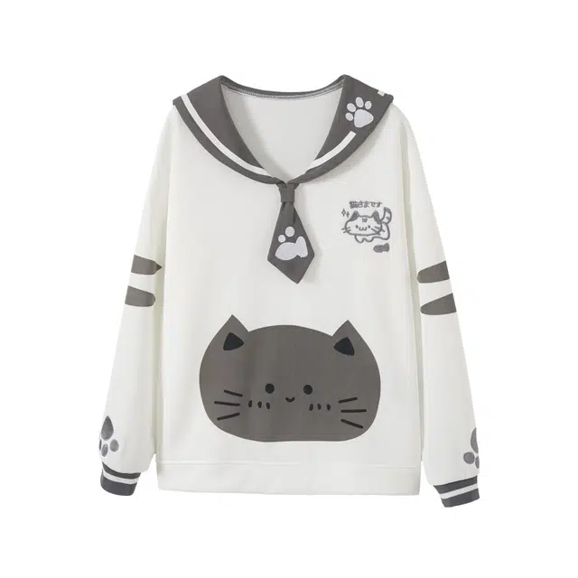 花山家的猫 日系可爱甜美早秋猫猫海军领刺绣领带软萌宅女长袖针织二次元卫衣制服 女款