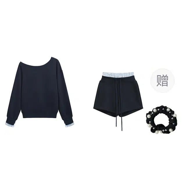 雾闪闪 慵懒辣妹时髦露肩卫衣上衣女拼色短裤子两件套休闲套装 女款