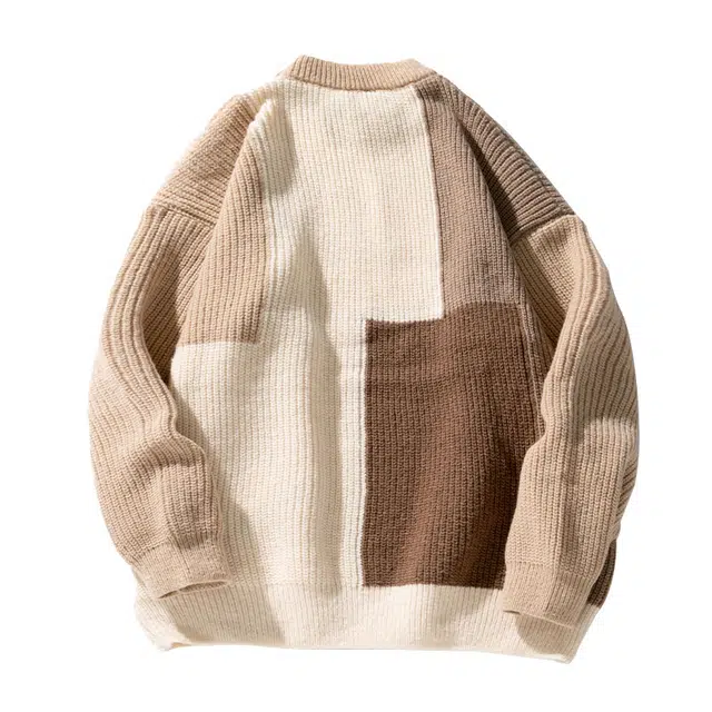 吾皇猫 日系慵懒撞色肌理感设计重磅粗针加厚保暖舒适宽松百搭休闲圆领套头打底针织衫长袖毛衣 男女同款