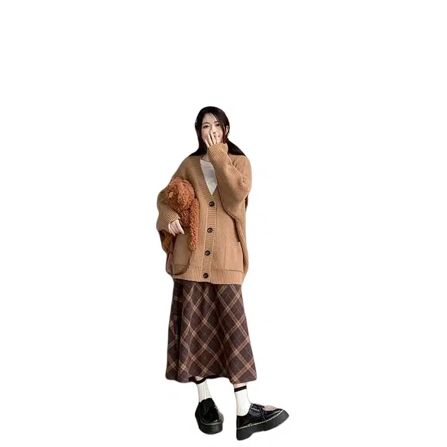 望莱仕 美拉德穿搭秋季慵懒风女针织毛衣开衫格纹裙半身裙长裙两件套裙装套装 女款