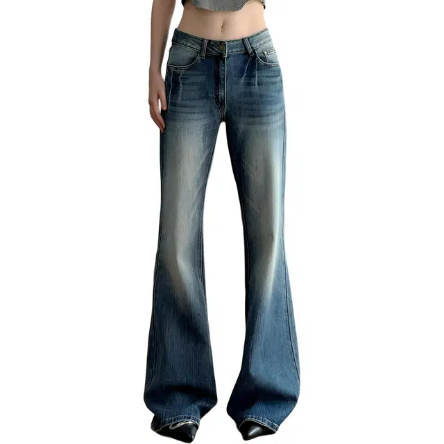 如续 美式复古微喇叭低腰做旧辣妹长裤百搭休闲不贴腿弹力拖地牛仔裤 女款