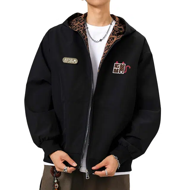 艾梵斯贝 美式复古潮流小恶魔印花豹纹拼接设计款无性别高级感日常休闲时尚百搭高街风潮酷个性街头学院风情侣款连帽卡通卫衣 男女同款