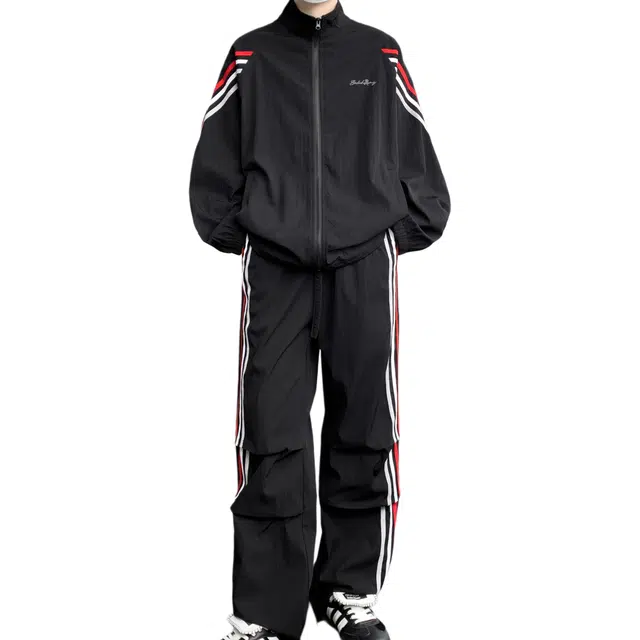 【美式高街三条杠免搭配一套】布客行 明线条纹拼接撞色复古港风舒适百搭日常户外防风防泼水开衫外套长裤子垂感休闲运动套装 男女同款