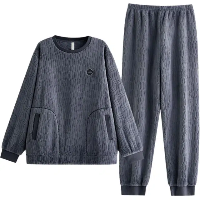 浮光岛屿 简约纯色波浪纹高级感家居服舒适亲肤保暖可外穿休闲睡衣礼盒 男款 淡蓝色