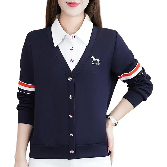 缪斯的诱惑 基础款经典春秋季学院风假两件拼接设计上衣翻领简约百搭通勤时尚优雅气质短款衬衣领撞色条纹针织衫舒适休闲长袖衬衫 女款