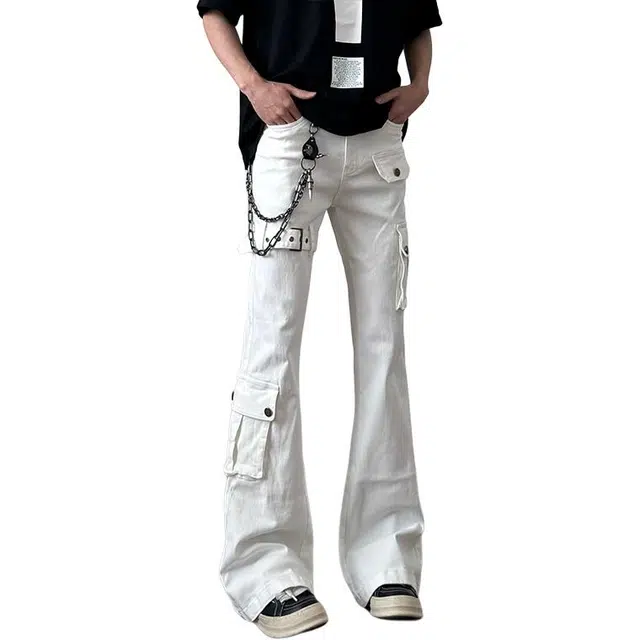 单爵 绑带微喇裤男美式高街喇叭修身牛仔裤 男女同款