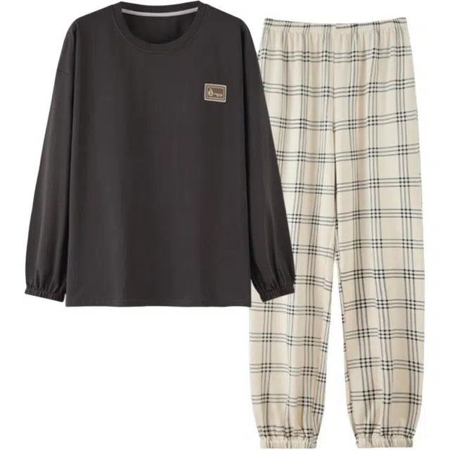 浮光岛屿 简约纯色精致圆领带胸垫高级感长袖长裤舒适亲肤透气可外穿休闲睡衣套装 女 礼盒款 黑色