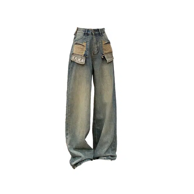 海獭 复古破洞女不规则设计感高腰显瘦阔腿拖地长裤子 牛仔裤 女款