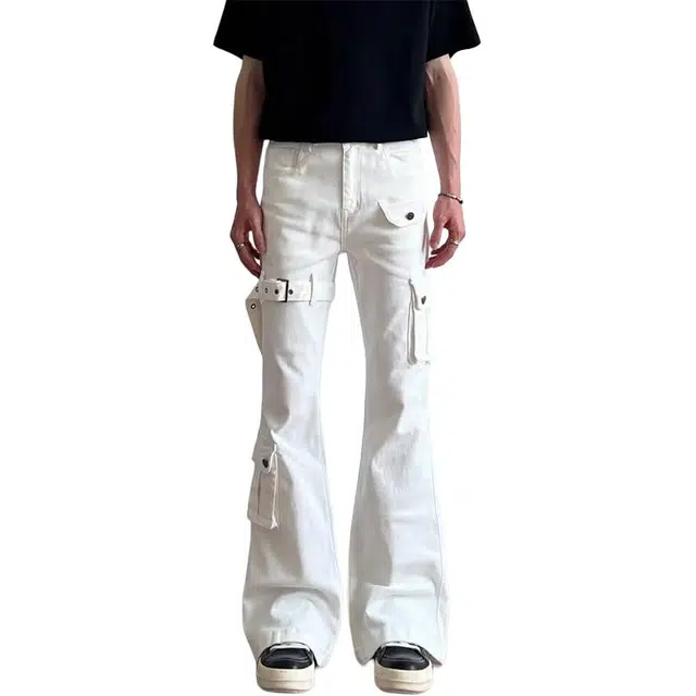 单爵 绑带微喇工装裤男款美式高街弯刀裤子牛仔裤 男女同款