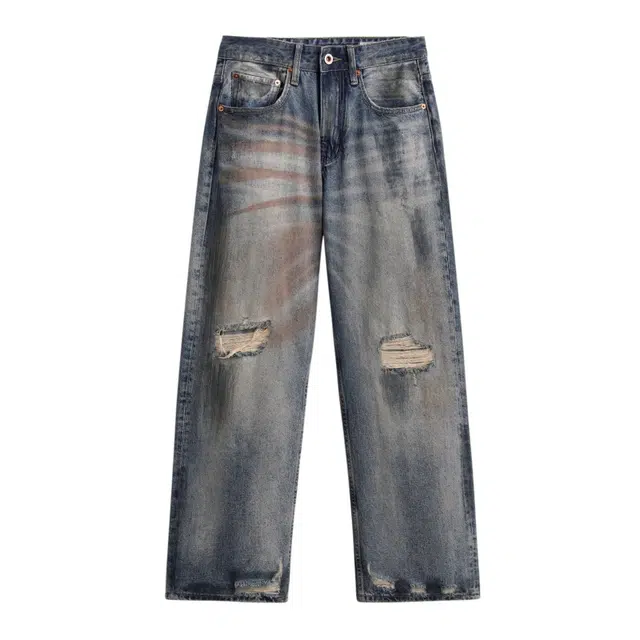 假日伯爵 美式高街设计感潮牌复古破洞水洗宽松直筒秋季基础款长裤休闲牛仔裤 男女同款