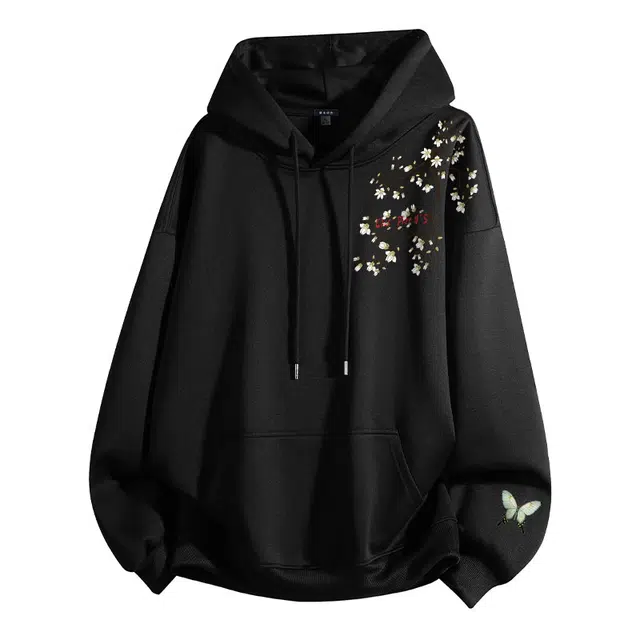 草本初色 个性袖口蝴蝶印花设计有帽绳美式复古高街学院风宽松舒适简约无性别主义大口袋花卉植物艺术字母套头连帽长袖卫衣 男女同款