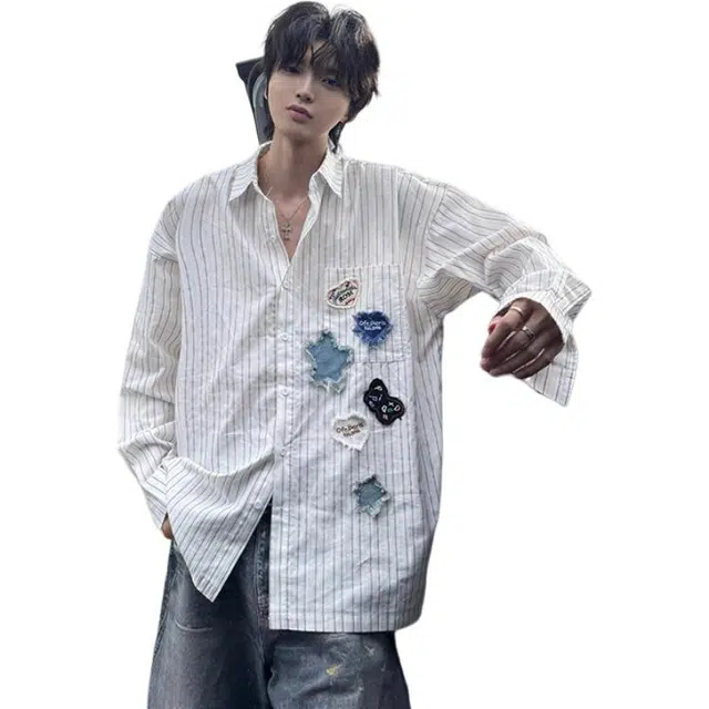 拓菲 趣味贴布条纹秋季长袖衬衣设计感小众防晒外套衬衫男款 男女同款