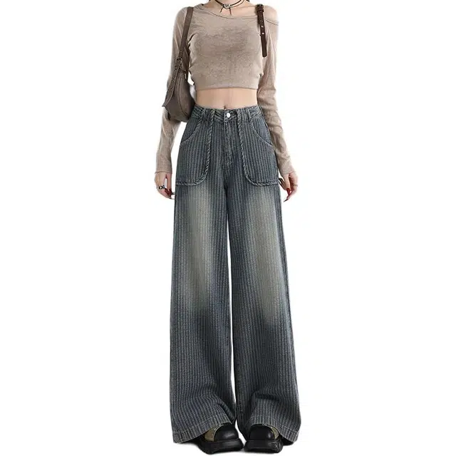 如续 美式高腰顺条纹复古做旧阔腿裤裤拖地牛仔裤 男女同款