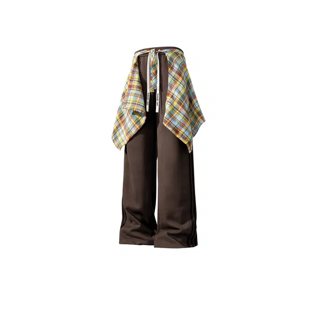 喜羊羊与灰太狼 美式复古扎染做旧学院风侧边四条杠拼接撞色织带条松紧腰头可拆格子屁帘设计卫裤日常通勤宽松舒适显瘦运动直筒休闲裤 男女同款