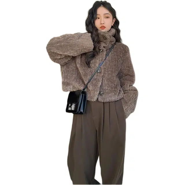邓大喵 秋冬加厚短款大衣复古小众立领保暖毛绒绒外套女小个子皮草 女款