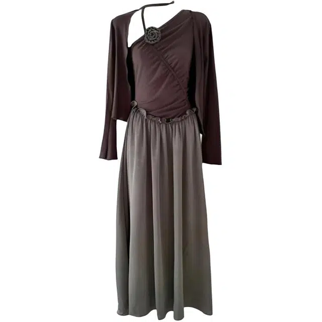 米囹流光晚宴法式开衫小众设计 感抽褶斜肩露肩连衣裙