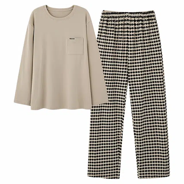 潞优野 轻奢高端男春秋季纯棉长袖长裤圆领套头爽棉可外穿宽松家居服高级感睡衣套装 男款