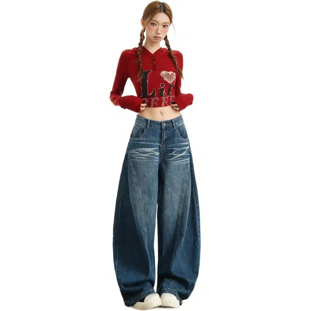 拾籍 潮流时尚立体剪裁设计感高腰宽松垂感显高显瘦百搭阔腿牛仔裤 女款