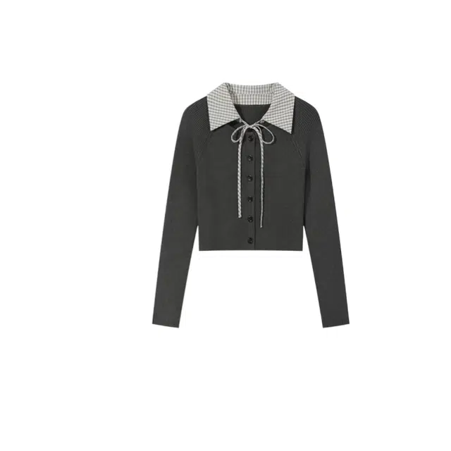 望莱仕 复古格子翻领秋冬季学院风修身长袖古着感上衣针织衫 女款