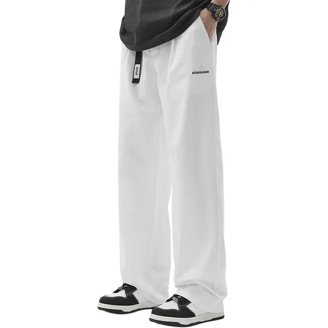 杜克恩 重磅竖纹运动直筒阔长腿裤秋冬季美式复古潮牌简约宽松设计感刺绣休闲裤 男款